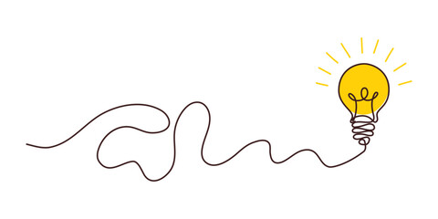 Confusion clarity or path concept idea with lightbulbs. Journey of tangled wires leading to a bright bulb. Business solutions searching. Vector illustration