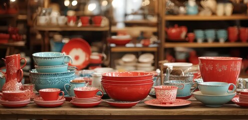 The store displays colorful vintage ceramic dishes and unique mugs that showcase a variety of patterns, adding a unique charm that entices customers to explore their craftsmanship and artistry.