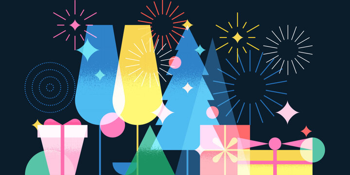 Christmas tree, gifts and champagne, vector geometric flat illustration. Happy New Year night party banner, poster with cocktails and fireworks. Holiday greeting card design elements