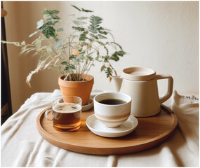 Fototapeta premium Cozy Morning Coffee Scene with Teapot and Houseplant on Wooden Tray, Perfect for Cafes and Blogs