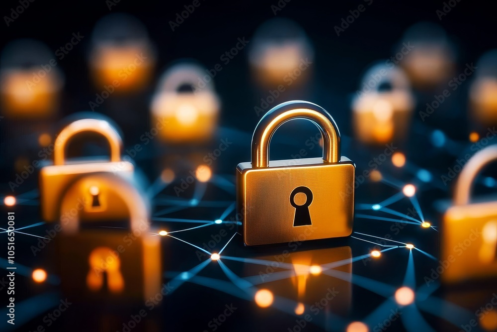 Poster an artistic representation of interconnected digital locks symbolizing cybersecurity and data protec