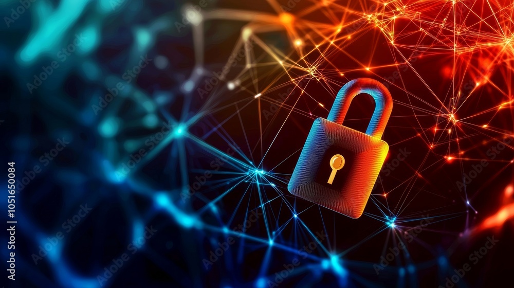 Poster an artistic representation of a padlock surrounded by a network of connected nodes, symbolizing cybe