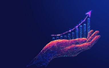 Digital AI Technology Concept. An abstract illustration of a hand holding an upward graph, symbolizing growth, success, and achievement. Generative AI