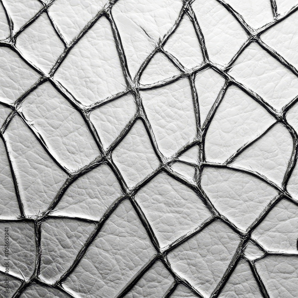 Poster a close-up of textured leather featuring a network of cracks and lines, showcasing a unique and intr