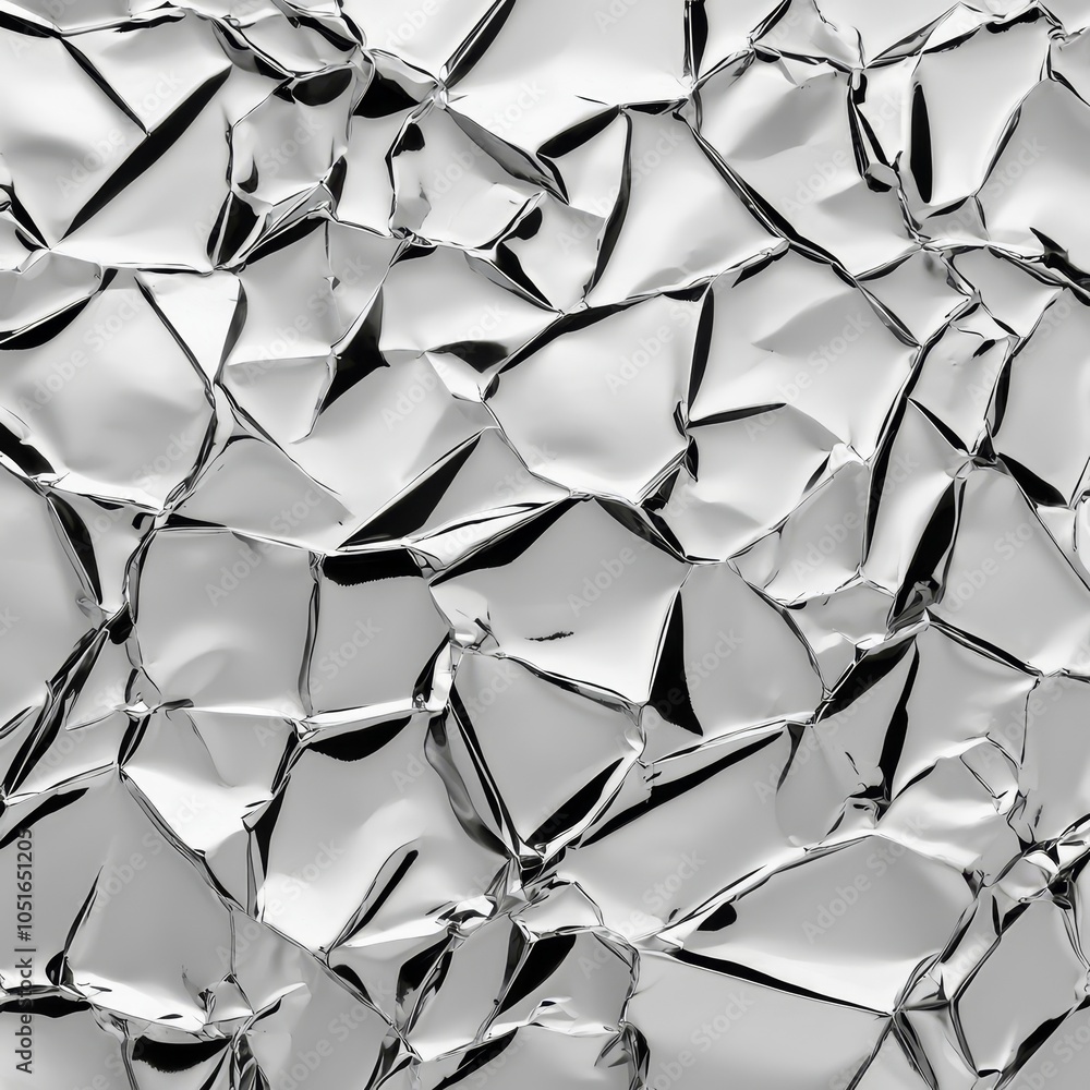 Poster a close-up view of crumpled, shiny silver foil, creating a textured and reflective surface.