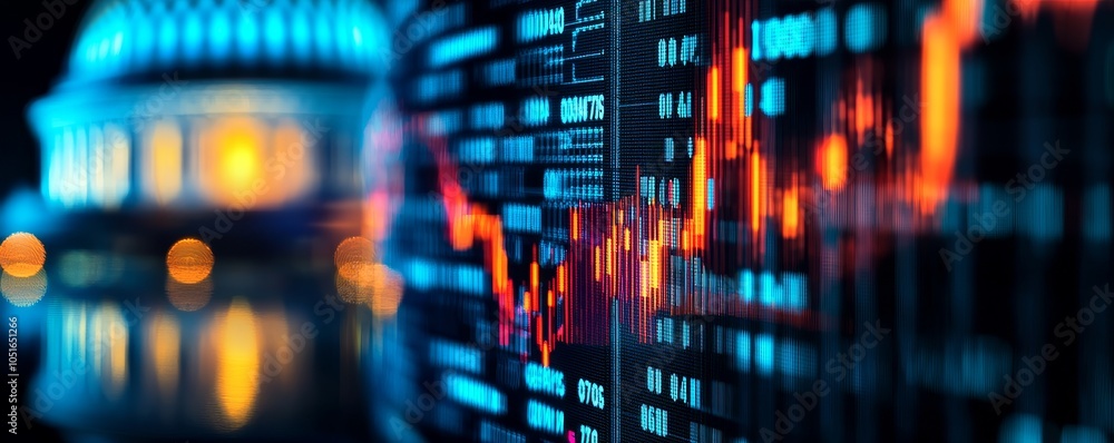 Poster a close-up view of financial data analysis, featuring digital graphs and a blurred architectural bac
