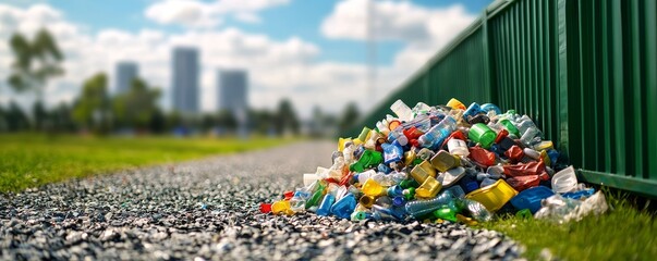 Fototapeta premium A colorful pile of plastic waste is positioned along a gravel path next to a green fence, with a city skyline visible in the background under a clear sky.