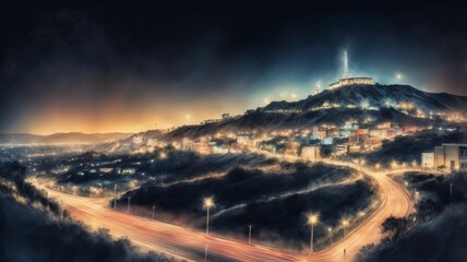 Night cityscape, illuminated hills with a communication tower, urban atmosphere