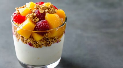 A delicious parfait featuring yogurt, fresh fruits, and granola, perfect for a healthy breakfast or snack.