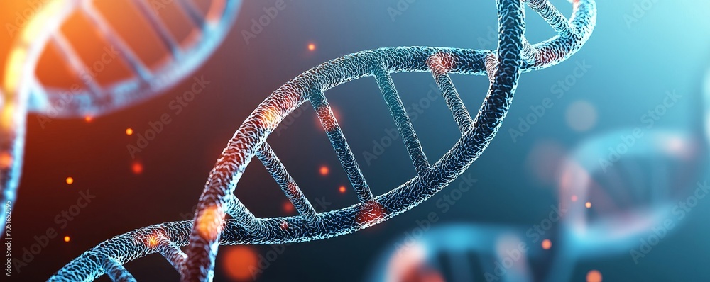 Poster a detailed, digital rendering of a dna double helix with glowing elements, symbolizing genetics and 