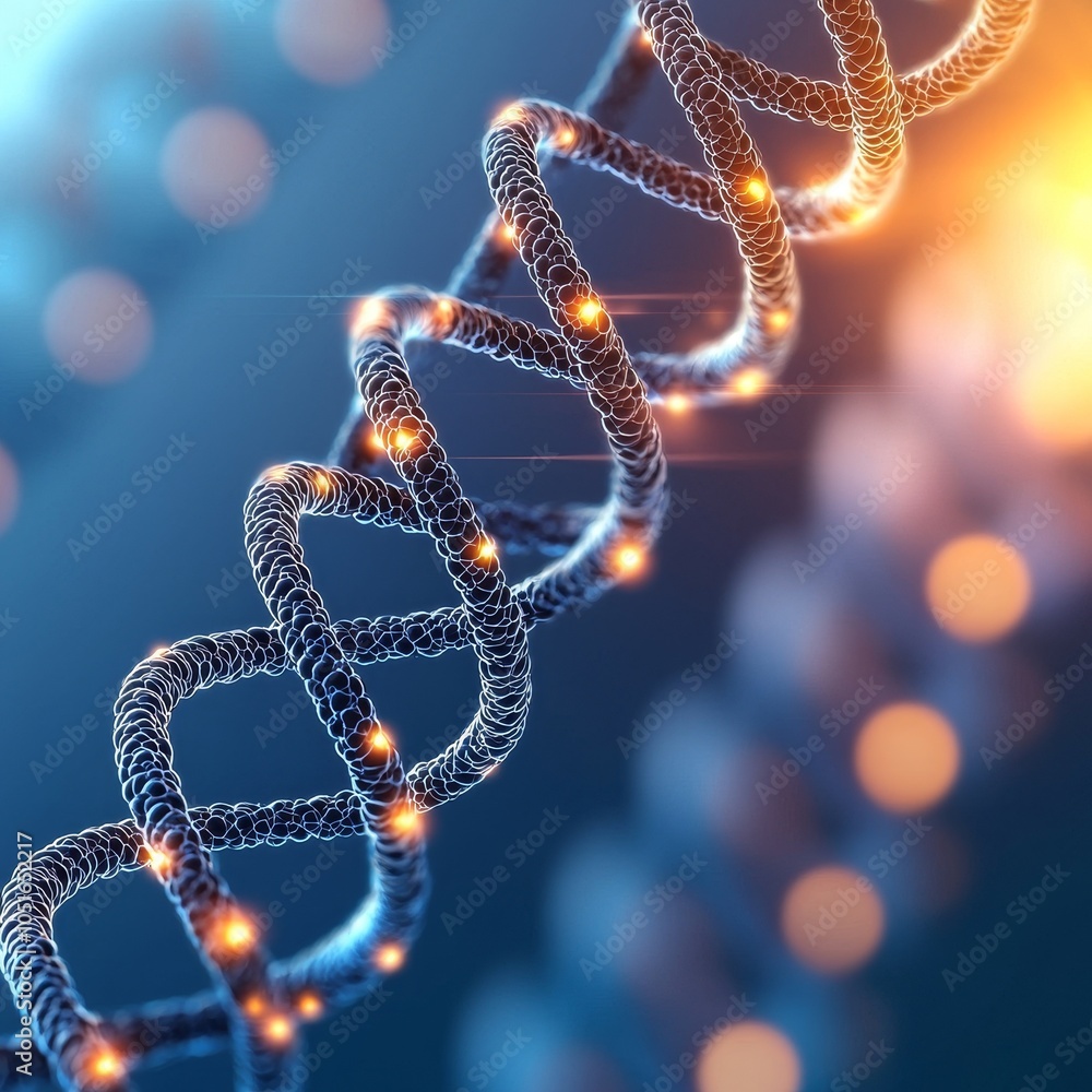 Poster a digital representation of a dna double helix, showcasing complex molecular structures with glowing