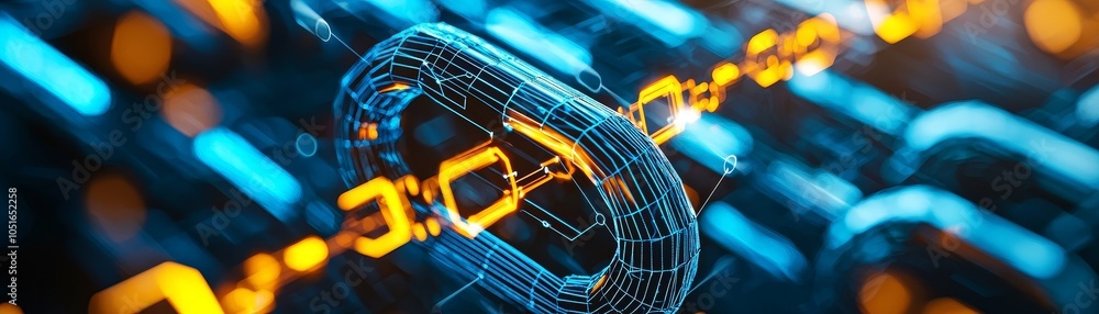 Poster a digital representation of a chain link, symbolizing blockchain technology, with glowing elements h