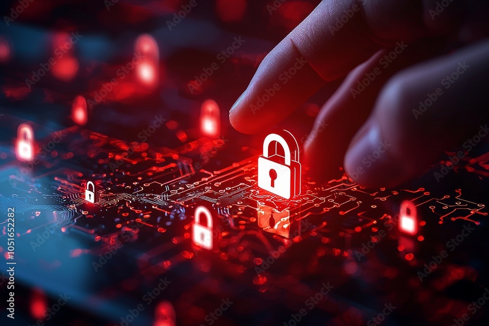 Poster a digital representation of cybersecurity, featuring a hand interacting with a glowing red padlock a