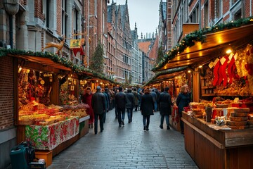 Obraz premium A vibrant Christmas market street filled with decorated stalls selling festive items and holiday treats. Shoppers browse through the colorful displays, enjoying the festive atmosphere in the city