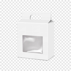 White blank cardboard gable box with clear plastic window and die cut carry handle. Realistic 3d vector mock-up. Paperboard transparent front gift bag. Mockup. Carton container package. Template