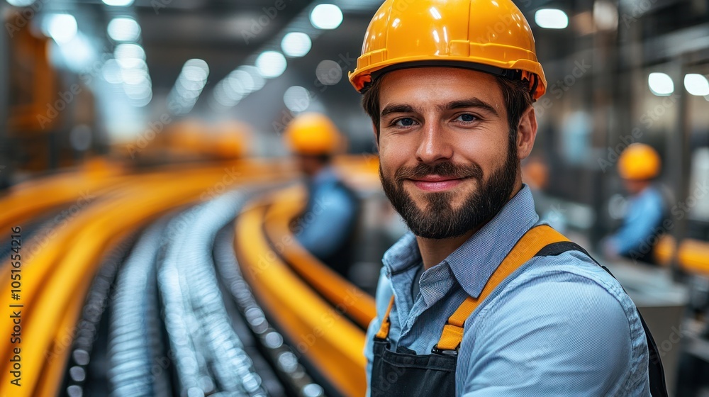 Poster portrait of a smiling construction worker in a factory setting
