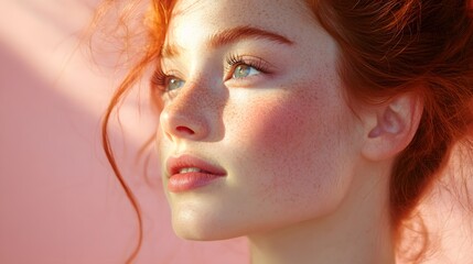 Fototapeta premium Portrait of a young Caucasian woman with striking red hair and freckles against a soft pink background.