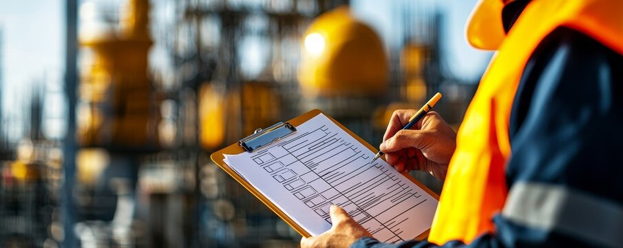 A worker in a safety vest is writing on a clipboard, standing in an industrial area with machinery and yellow structures in the background.