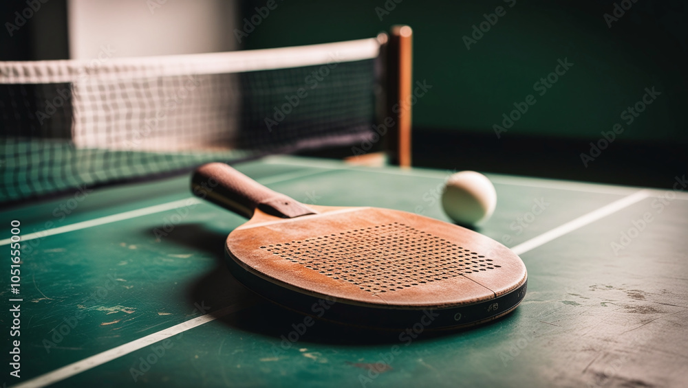 Poster a table tennis table with a racket and a ball. the racket is on the table,