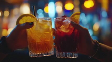 This close-up shows two individuals enjoying cocktails at a pub or dance club.

