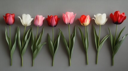 Fototapeta premium Vibrant Tulips on Gray Background - Floral Arrangement with Copy Space for Design or Text