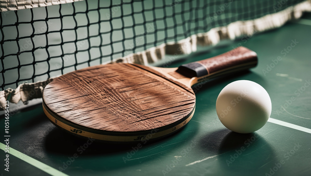 Poster a table tennis table with a racket and a ball. the racket is on the table,