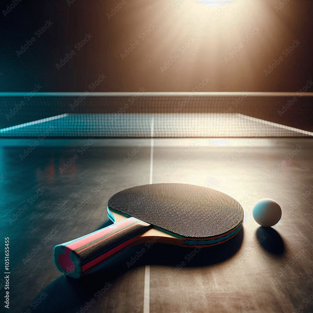 Poster a table tennis table with a racket and a ball. the racket is on the table,