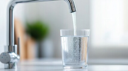 Refreshing water pouring into a clear glass cup in a bright, tidy kitchen, symbolizing daily hydration and a commitment to healthy living