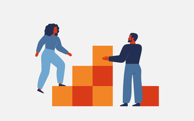 Man building the ladder success for woman in career and personal growth. Female climbs up stairs with help her husband or teacher. Mentorship, buddy and teamwork business concept. Vector illustration © Mary Long