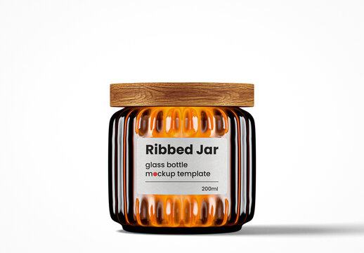 Ribbed Amber Glass Jar With Wooden Lid Mockup