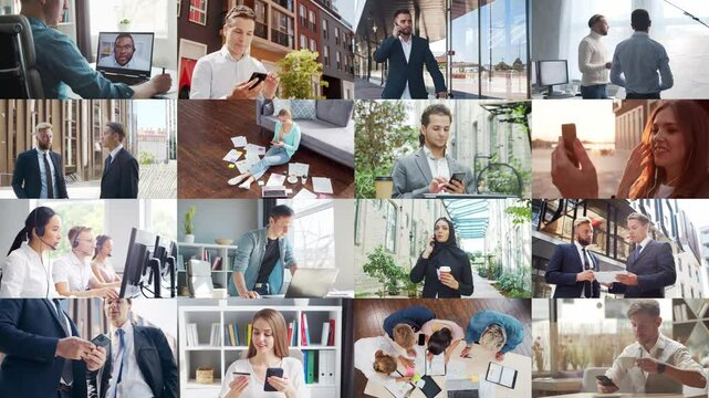 Multi screen business collage made of many different footages with business people working in office or outdoor. Technology, investment, money and teamwork concept.