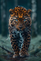 Naklejka premium A leopard walks forward in the dense jungle, highlighting its powerful stance and captivating gaze amidst the wild greenery.