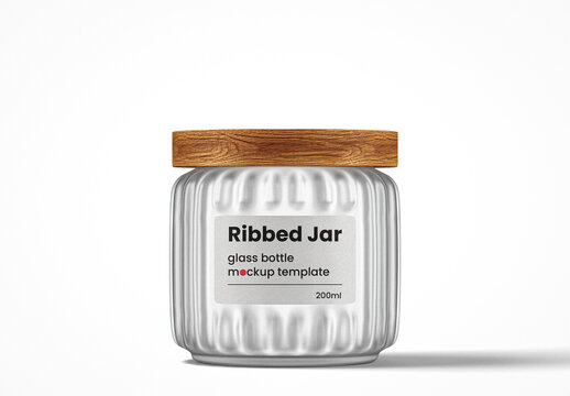 Ribbed Frosted Glass Jar With Wooden Lid Mockup