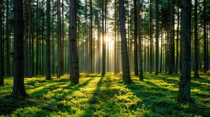 Obraz premium Enchanted woodland in morning light, trees casting mystical shadows, vibrant greenery illuminated, serene atmosphere, perfect for exploration and peaceful reflection