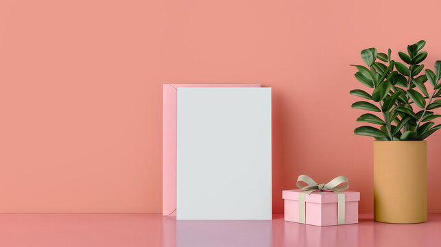 Blank greeting card on a wooden table, minimalist design, versatile stationery mockup, ideal for personalized messages or creative projects, inviting and adaptable setting