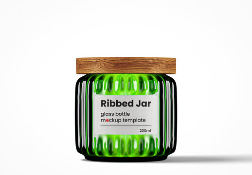 Ribbed Green Glass Jar With Wooden Lid Mockup