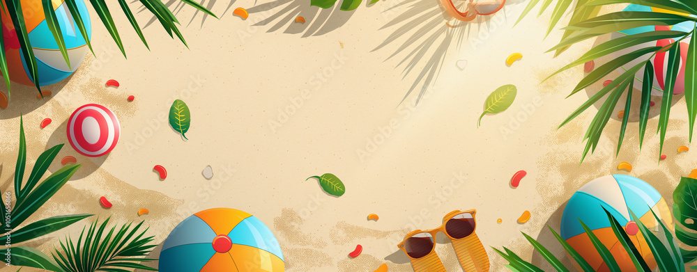 Wall mural vibrant beach summer vibes with colorful beach balls and tropical leaves at sunset