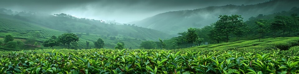 A foggy morning at a lush tea plantation set against rolling hills, capturing the serene beauty of nature.

