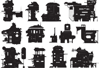 Obraz premium Set silhouettes of futuristic houses. Hand drawn vector illustration 