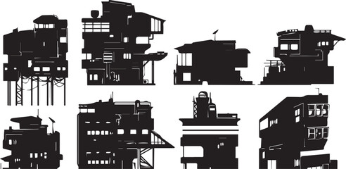Obraz premium Set silhouettes of futuristic houses. Hand drawn vector illustration 