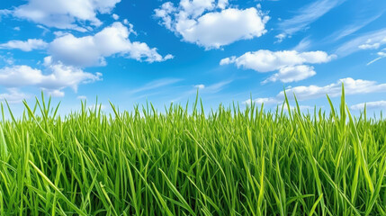 Fototapeta premium Lush green grass sways gently under bright blue sky adorned with fluffy white clouds, creating serene and peaceful landscape