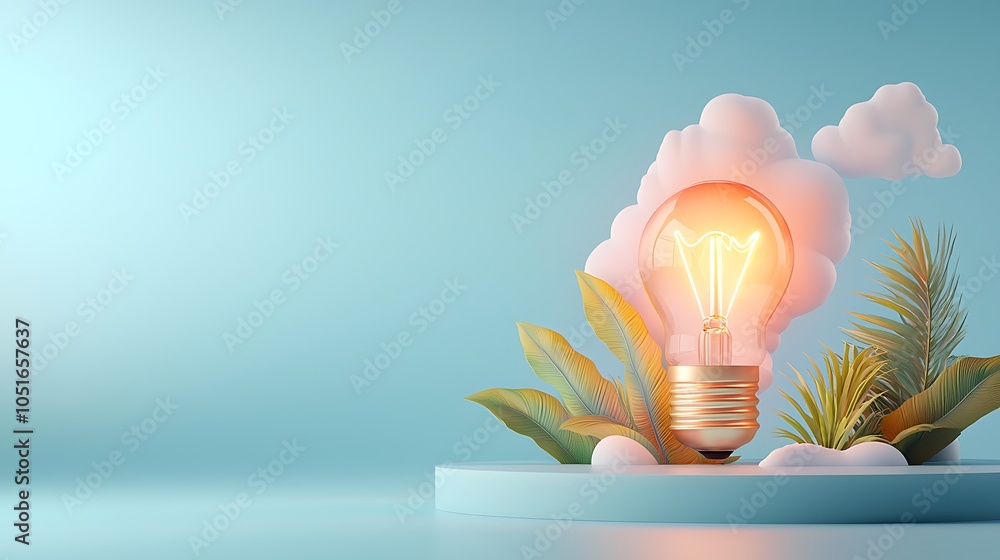 Poster illuminating ideas a creative display of a light bulb surrounded by lush plants and soft clouds in a