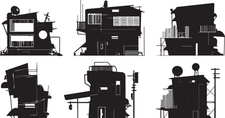 Obraz premium Set silhouettes of futuristic houses. Hand drawn vector illustration 