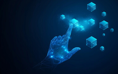 Digital AI Technology Concept. An abstract illustration of a hand pointing at a blockchain block, symbolizing the choice and control over digital assets. Generative AI