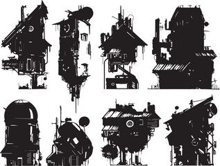 Obraz premium Set silhouettes of futuristic houses. Hand drawn vector illustration 