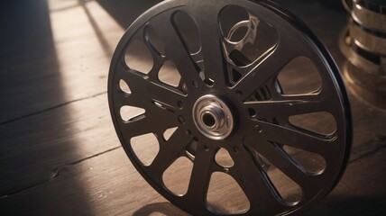 Obraz premium Close-up of a vintage film reel, artistic composition, wooden background, dramatic lighting