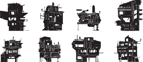 Obraz premium Set silhouettes of futuristic houses. Hand drawn vector illustration 