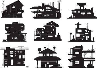 Obraz premium Set silhouettes of futuristic houses. Hand drawn vector illustration 