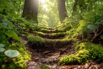 Obraz premium Enchanting forest trail surrounded by tall trees, dappled sunlight filtering through the leaves, carpet of green moss underfoot. Generative AІ