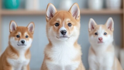 Obraz premium Three adorable Shiba Inu puppies posing. Concept of pets, cuteness, and companionship.